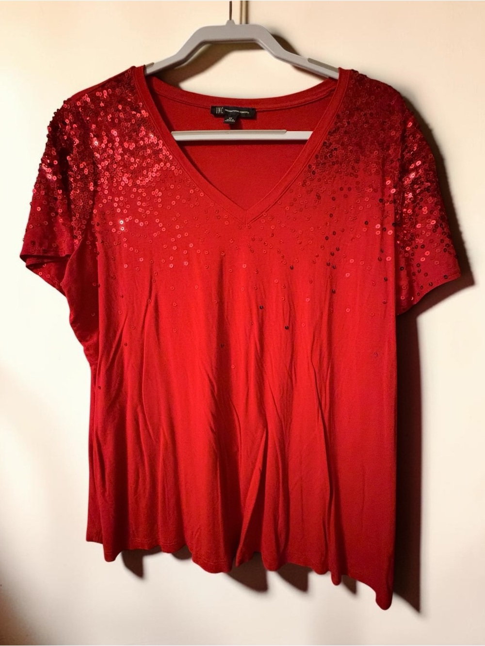 INC International Concepts Red Sequin V Neck Top 0X Plus Size Holiday Party
